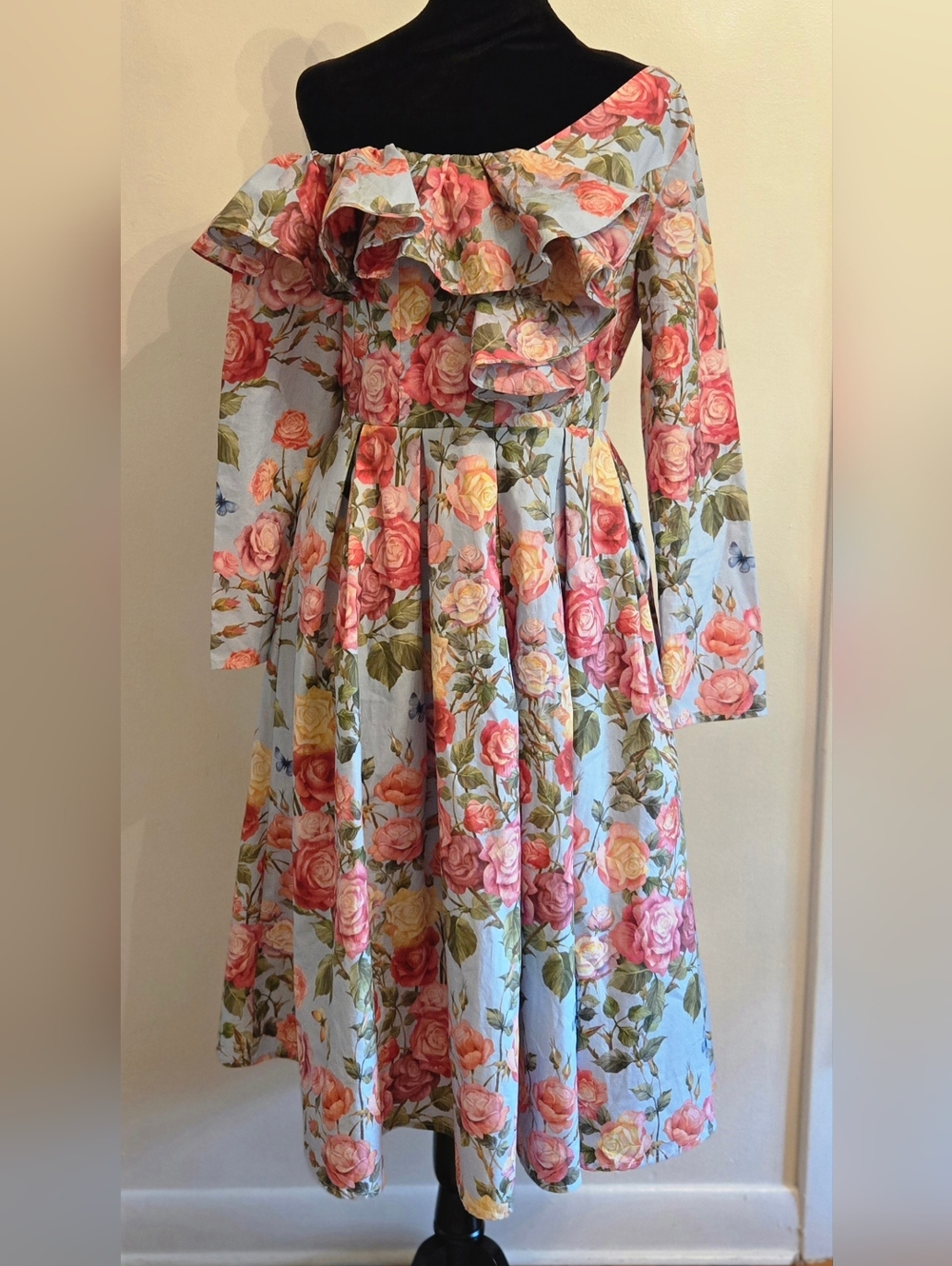 By Egreis Floral Roses Ruffled One Shoulder Cotton Midi Dress Full Skirt Medium